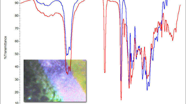 Figure 2. Spectra of green printed ink (red) and an unprinted area (blue) of a coated aluminum panel; inset is a typical image from the GladiATR Vision